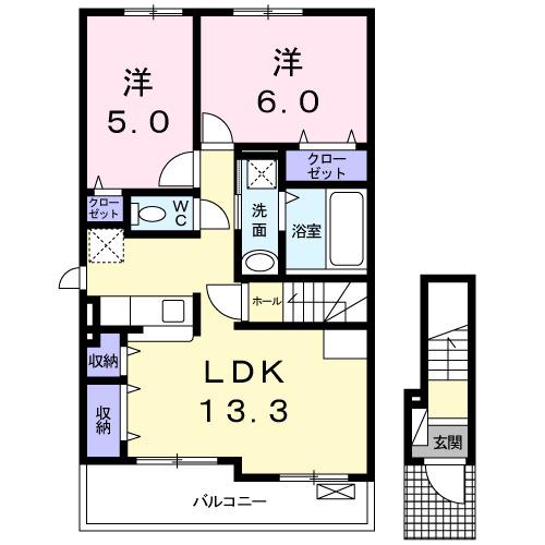 ソワ・リヴィエール沖洲(2LDK/2階)の間取り写真