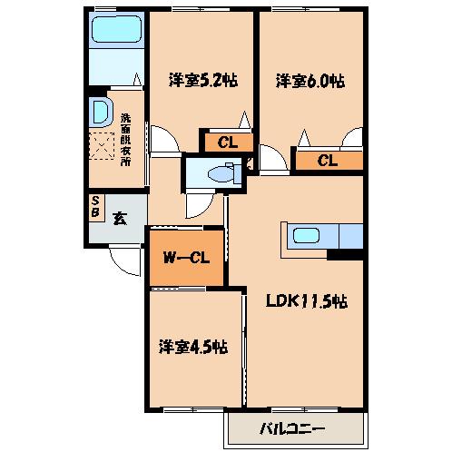 クラヴィエ三萩野B棟(3LDK/1階)の間取り写真