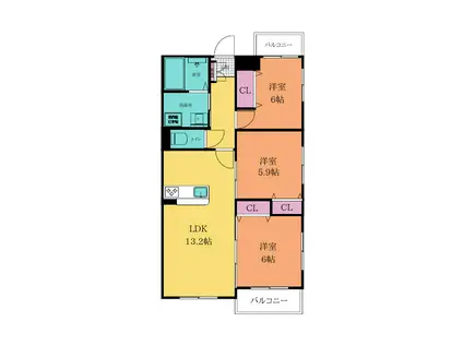 ブランボヌール小倉(3LDK/3階)の間取り写真