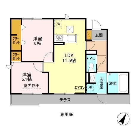 ウエスト COURT 楓(2LDK/1階)の間取り写真
