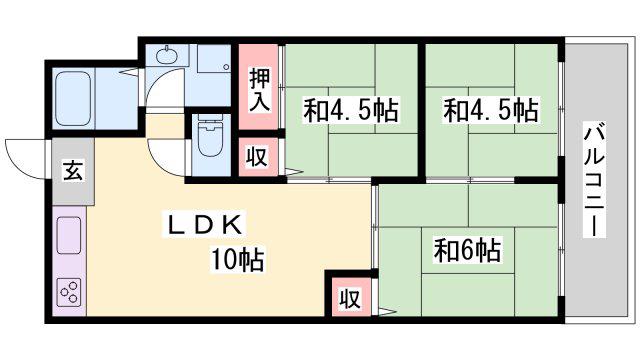 飾磨サンハイツ(3LDK/4階)の間取り写真
