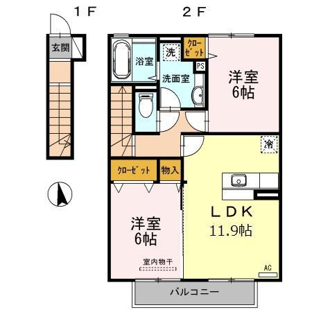 ヴィラコートJ2(2LDK/2階)の間取り写真