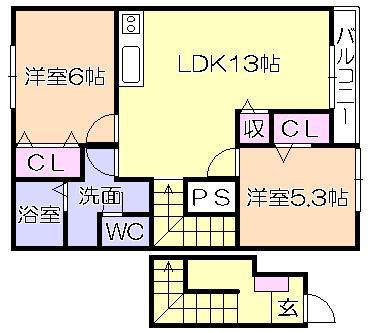 ラ・ポールメゾン北野 B棟(2LDK/2階)の間取り写真