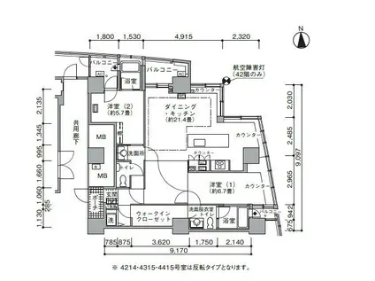 アクティ汐留(2LDK/43階)の間取り写真