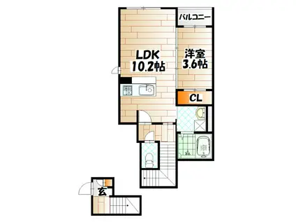 LILA城野(1LDK/2階)の間取り写真