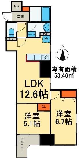 リバーレ浅草ウエスト(2LDK/13階)の間取り写真