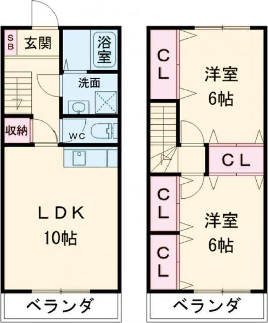 オーシャン小郡C棟(2LDK/2階)の間取り写真