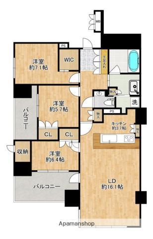 グランドメゾン百道浜オーシャン&フォレスト(3LDK/14階)の間取り写真
