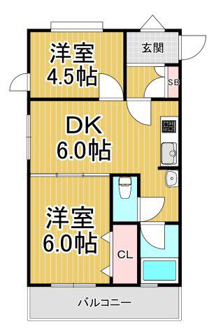 エーデルハイム船原(2DK/4階)の間取り写真