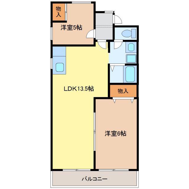 サンハイツ西尾(2LDK/5階)の間取り写真