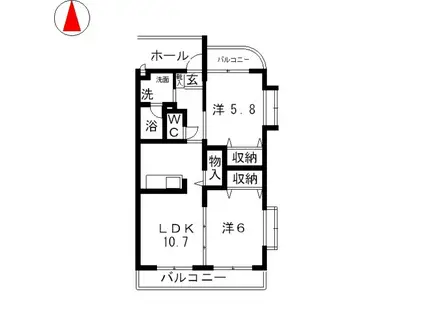 ＪＲ山陽本線 新倉敷駅 徒歩14分 6階建 築20年(2LDK/6階)の間取り写真