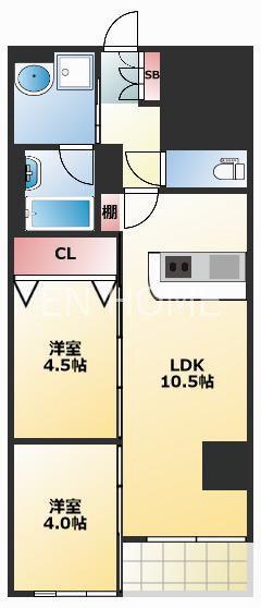 インペリアルスイート南堀江(2LDK/6階)の間取り写真