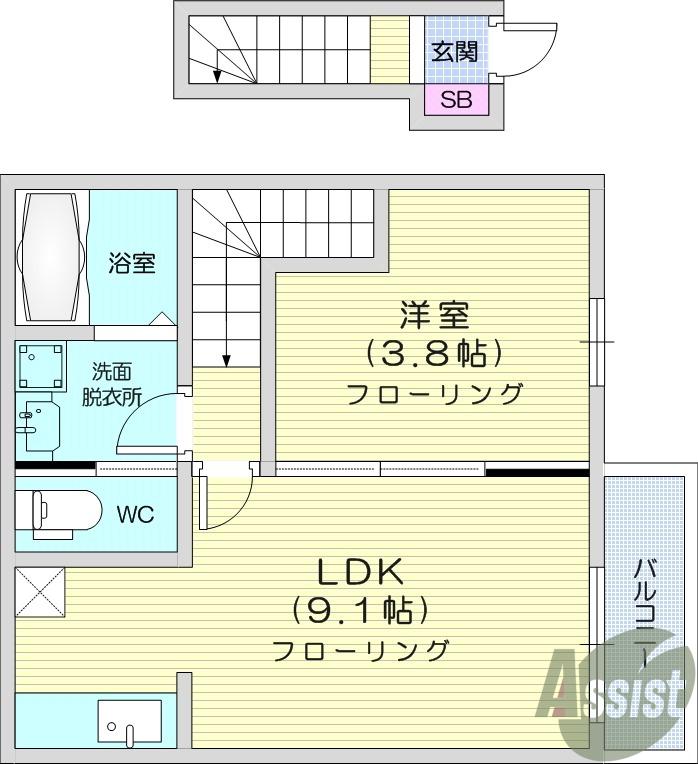 BEFINE 六丁の目東 B棟(1LDK/2階)の間取り写真