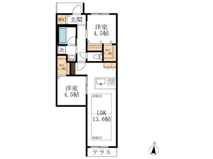 ヘリテージ国立(2LDK/1階)の間取り写真