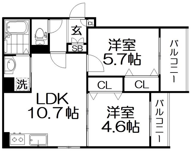 クリエオーレ秦町(2LDK/1階)の間取り写真