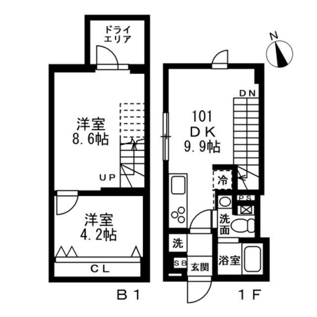 NOZOMIO祐天寺(2DK/1階)の間取り写真
