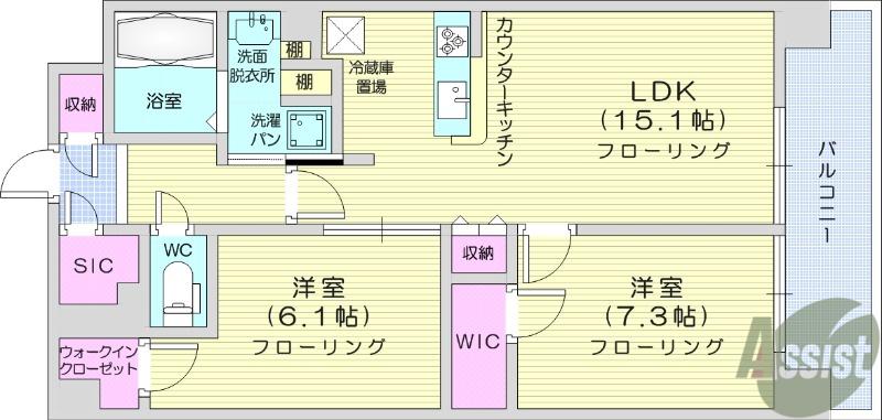 ロイヤルパークス仙台青葉通(2LDK/9階)の間取り写真
