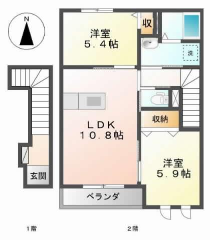 ディアベルジュ輝(2LDK/2階)の間取り写真