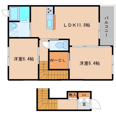 PINEROOTS良福寺B(2LDK/2階)の間取り写真