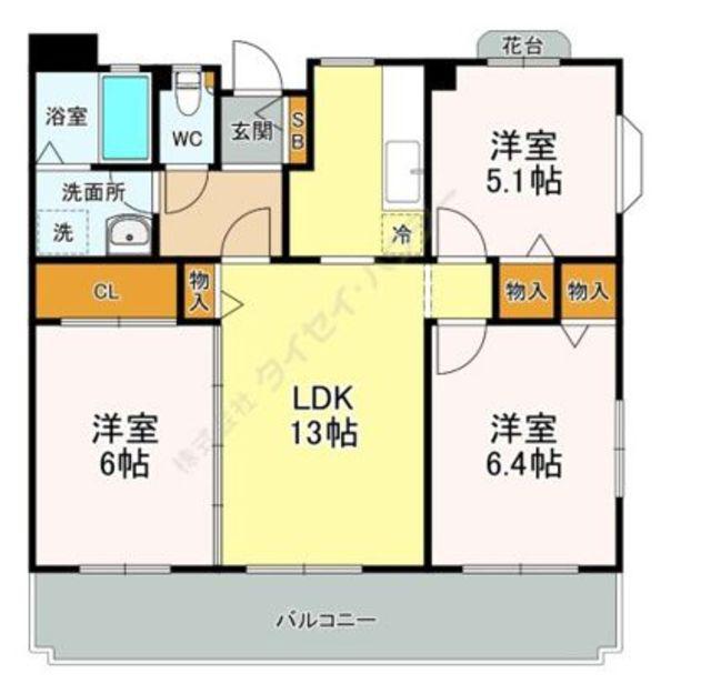 ボヌール・河本(3LDK/4階)の間取り写真