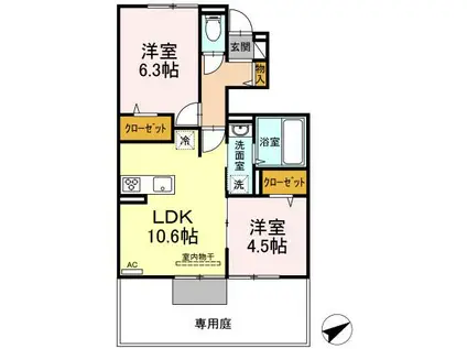 フェリーチェ中郷(2LDK/1階)の間取り写真