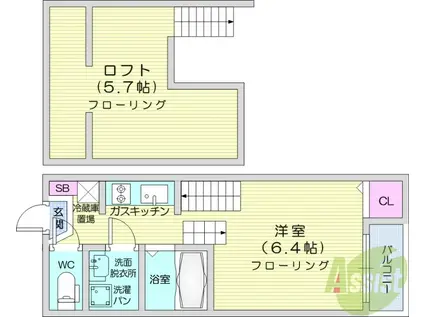 フラームシンフォニー(1K/2階)の間取り写真