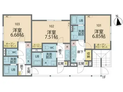 カインドネス本厚木ガーデンIII(1K/1階)の間取り写真