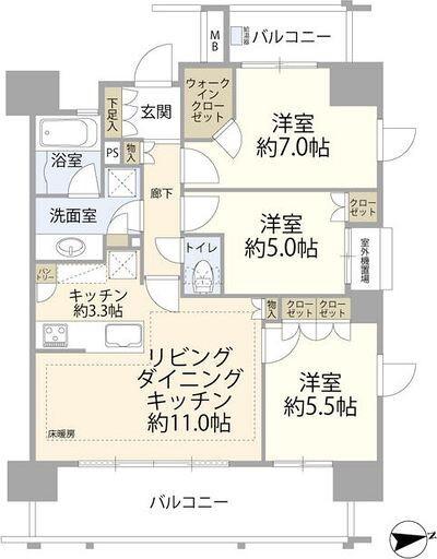 グランテム本厚木(3LDK/11階)の間取り写真