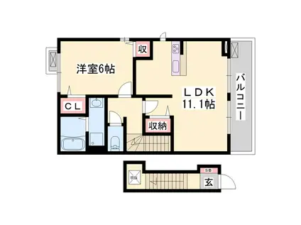 アンソレイエ飾磨 II番館(1LDK/2階)の間取り写真