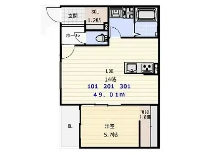 クレア法善寺(1LDK/3階)の間取り写真