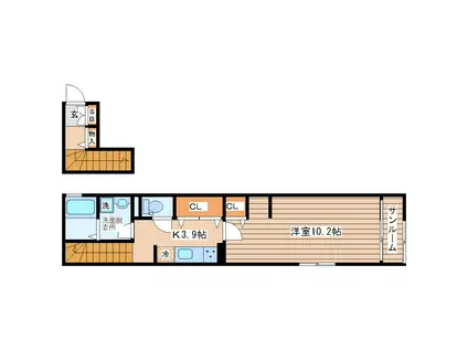 ウィングコート B(1K/2階)の間取り写真