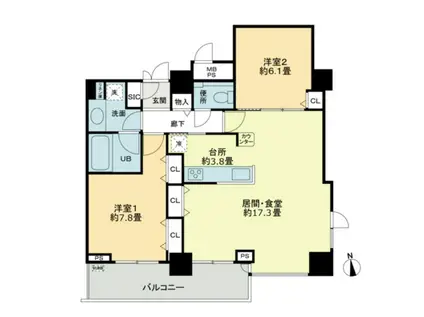 クロスレジデンス大阪新町(2LDK/24階)の間取り写真