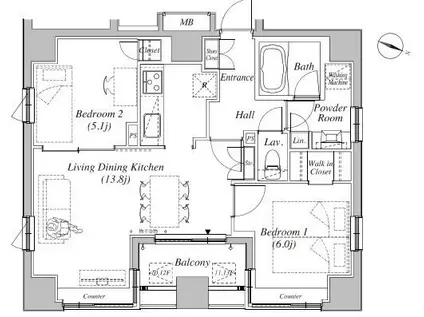 カーサスプレンディッド一番町(2LDK/13階)の間取り写真