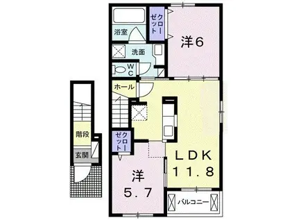 ウッド・ヴィレッジII(2LDK/2階)の間取り写真