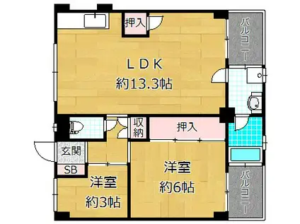 ビレッジハウス私部(2LDK/3階)の間取り写真