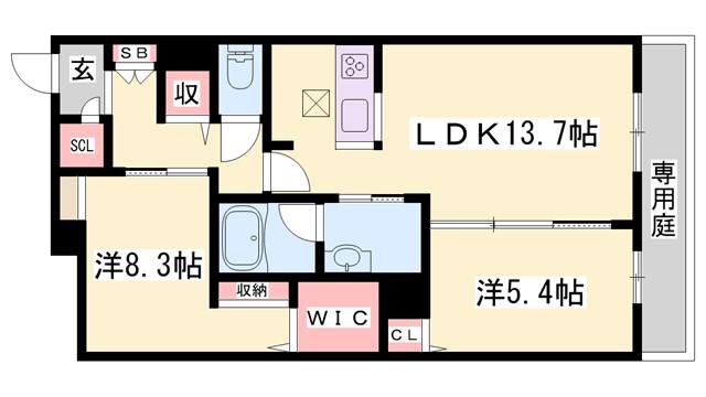 オカバ姫路青山シャーメゾンB(2LDK/1階)の間取り写真