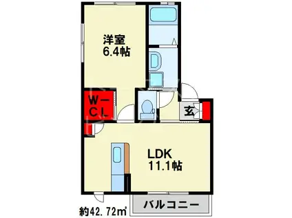 ウィステリア神岳B棟(1LDK/1階)の間取り写真