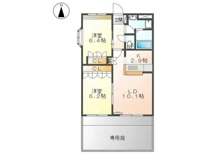 ヴァンパインコートB棟(2LDK/1階)の間取り写真