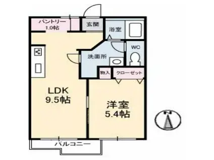 サンディスク米山B棟(1LDK/2階)の間取り写真