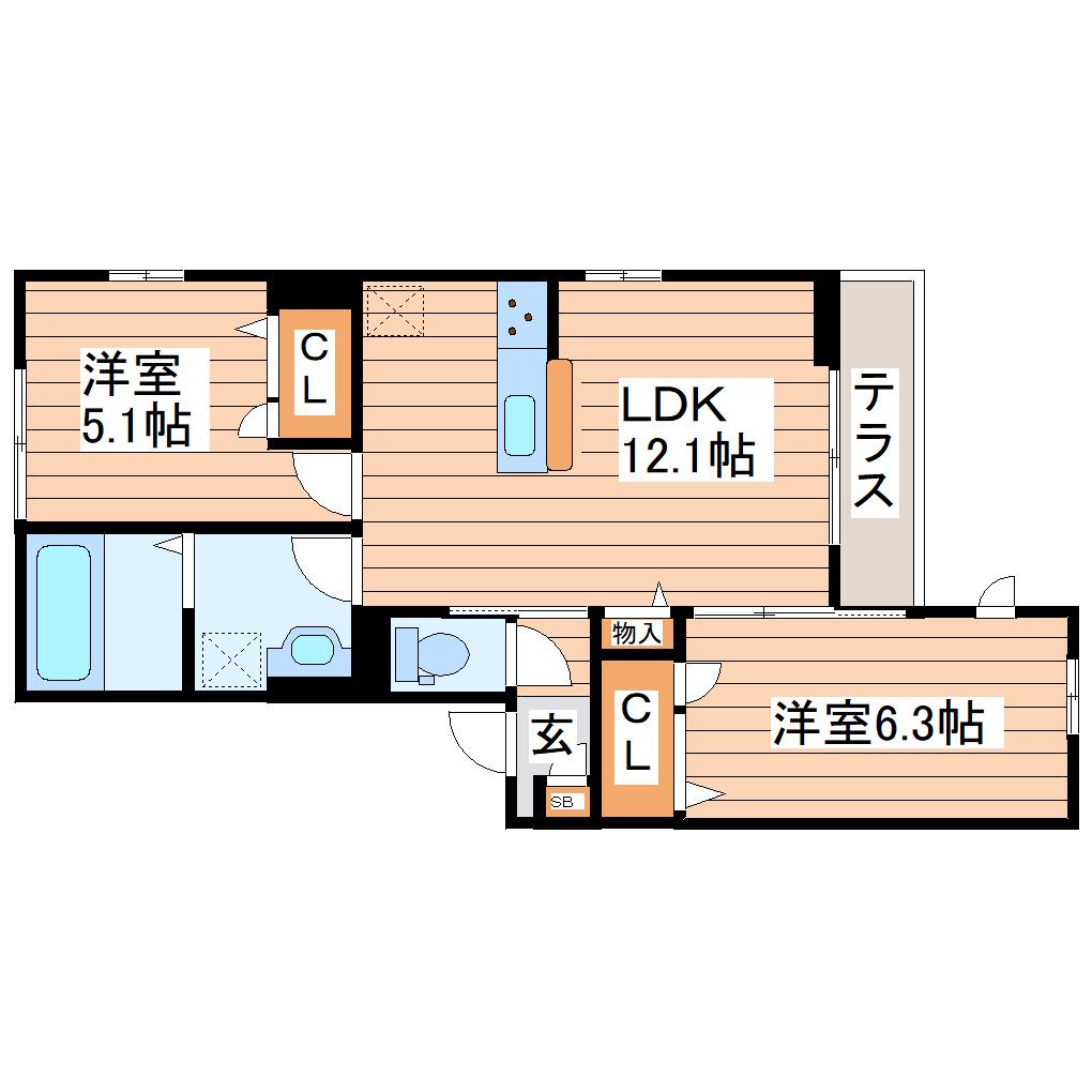ルリアン小田原(2LDK/1階)の間取り写真