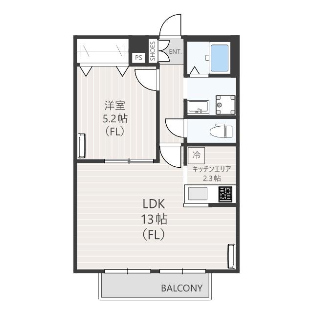 ヒルズ子母口(1LDK/1階)の間取り写真