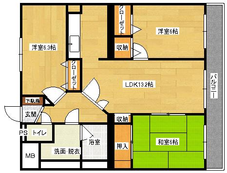 アセーラB館(3LDK/2階)の間取り写真