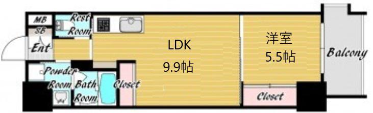 ZONNA神戸磯上通(1LDK/2階)の間取り写真