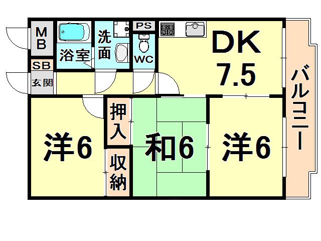 メゾンデール富松(3DK/4階)の間取り写真