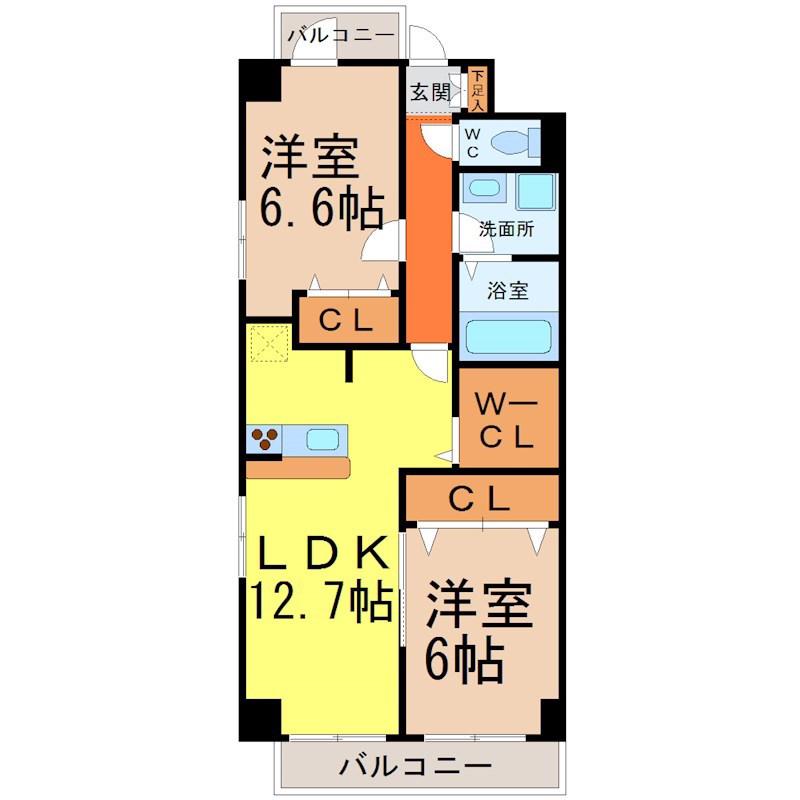 ハピネス車道(2LDK/8階)の間取り写真