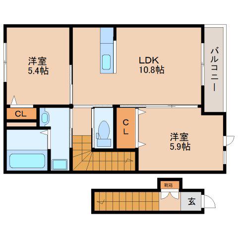 RISE東生駒(2LDK/2階)の間取り写真