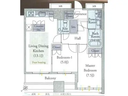 プラウドタワー二子玉川(2LDK/19階)の間取り写真