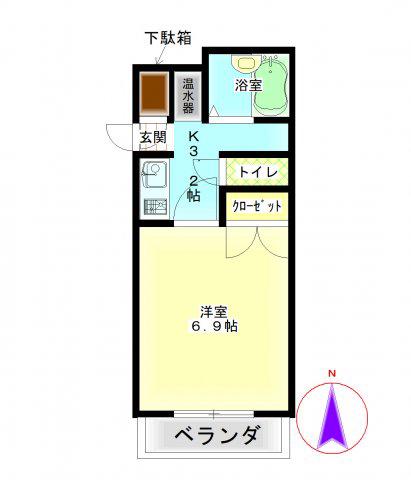グランパス檀渓(1K/2階)の間取り写真