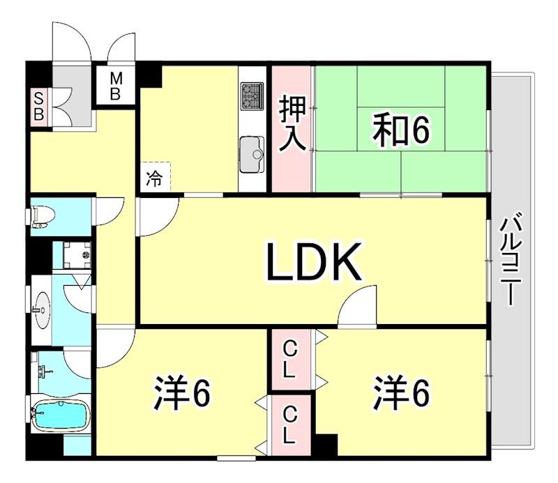 南甲子園ハイツ(3LDK/3階)の間取り写真