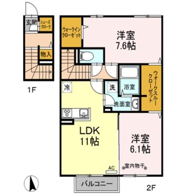 プリムヴェール大内C棟(2LDK/2階)の間取り写真